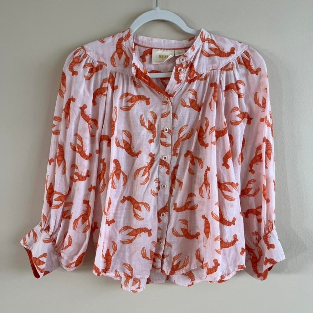Anthropologie Pink Blouse with Orange Lobster Print